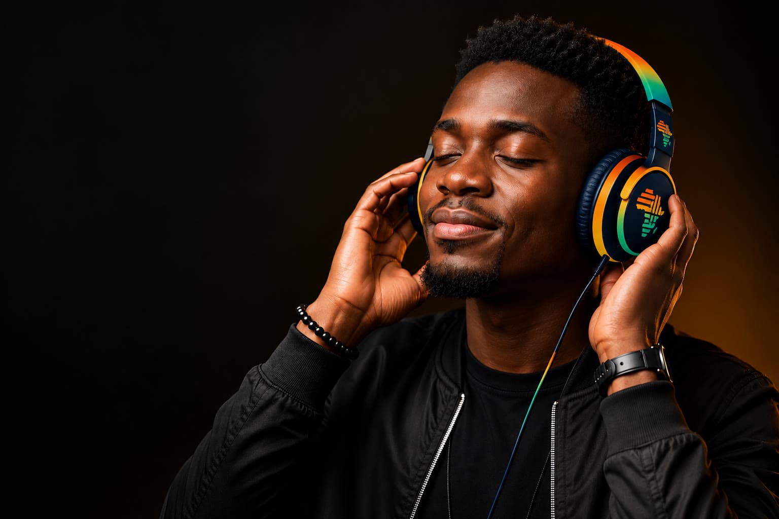 Artiste écoutant une création AFRISONIC au casque, avec le logo AFRISONIC sur les écouteurs